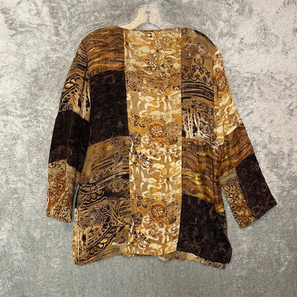 Chicos 1 Women Silk Linen Beaded Mixed Media Aztec V Neck Long Sleeve Top M - Picture 2 of 14